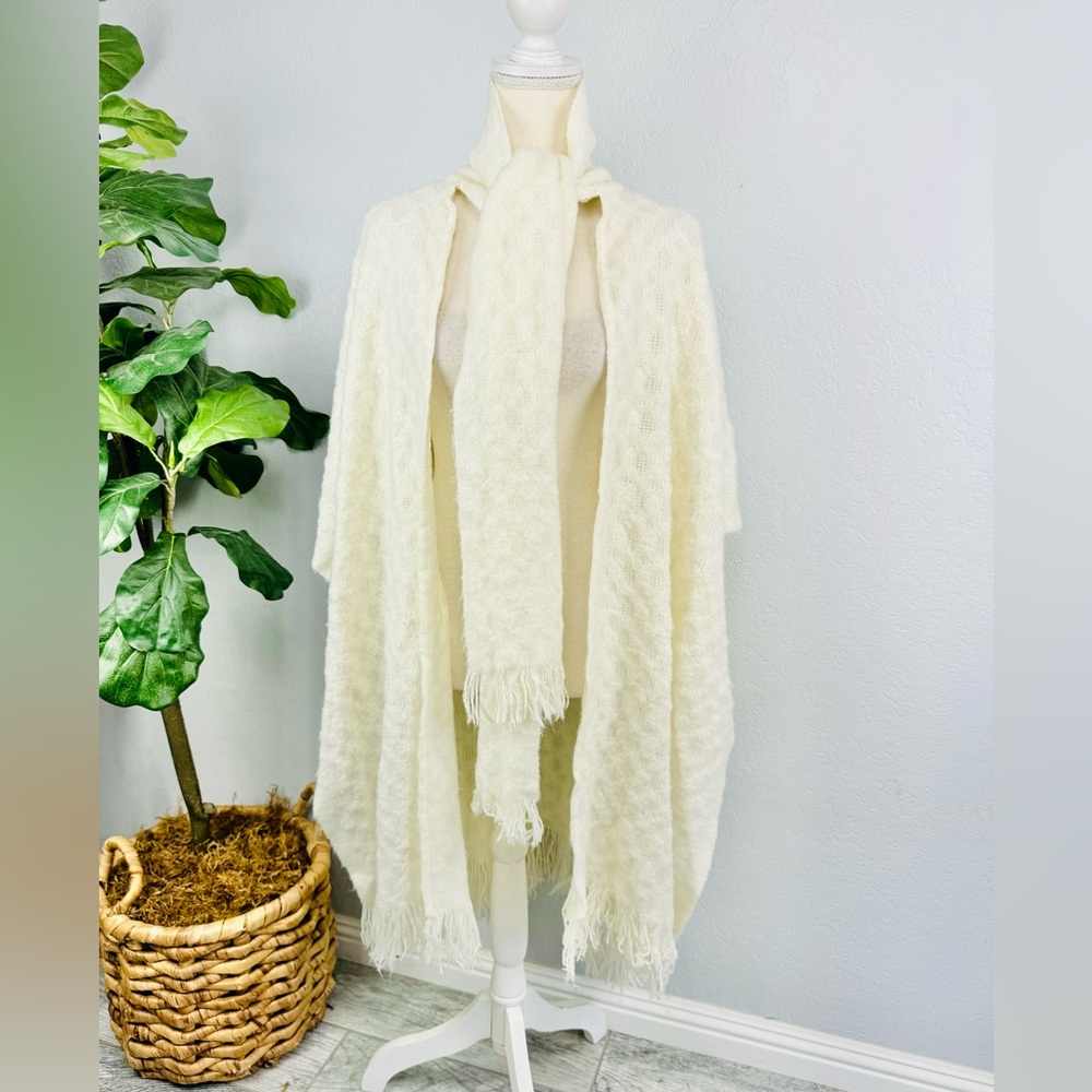 Specialty House Ivory Poncho Style Cape with Scarf and Fringe Hem